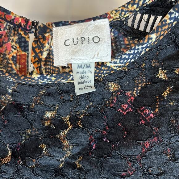 Cupio Black Multi Floral Lace Trim Size M Boho Peasant Tunic Bell Sleeve - Picture 2 of 10